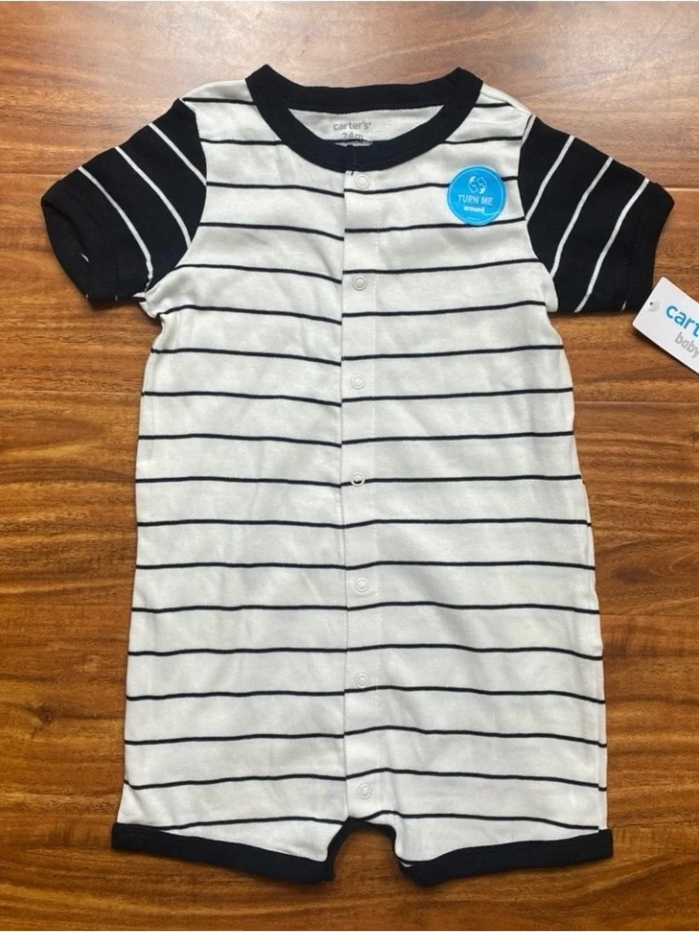 NWT New Carter's Baby Boy Black White Stripe Boat Button Down Romper Size 24M